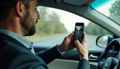 Person Using Smartphone Navigation App in Car