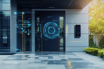 Poster - The entrance showcases cutting-edge security features like smart cameras, motion sensors, and a fingerprint scanner lock for enhanced home safety. Generative AI