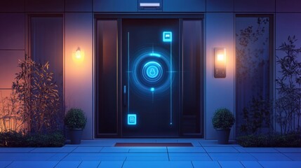 Poster - A contemporary home entrance equipped with high-tech security features, including cameras, motion sensors, and a fingerprint lock. Generative AI