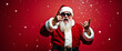© schiers_images - Santa Claus in his iconic red outfit joyfully celebrates Christmas. The snowy red background enhances the festive, joyful spirit of the holiday season, making it perfect for Christmas-themed decoratio