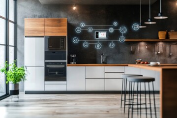 Aufkleber - This sleek kitchen showcases a variety of smart appliances along with a digital control panel on the wall, enhancing culinary convenience. Generative AI