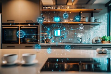 Fototapete - The smart kitchen blends modern appliances and digital tools, elevating cooking with innovative tech and sleek design. Generative AI