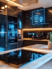 Aufkleber - This contemporary kitchen showcases smart appliances integrated with advanced technology, highlighting a seamless cooking experience. Generative AI