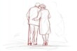 © SKIMP Art - A single-line drawing depicting an elderly man with crutches and a woman, embracing each other from behind on a white background Generative AI