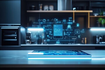 Fototapete - A sleek kitchen showcases advanced smart appliance technology with a digital interface floating above the countertop, enhancing convenience. Generative AI