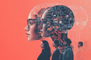 Aufkleber - A diverse group of individuals stands together, engaged and looking towards an abstract AI system that represents technological advancement. Generative AI
