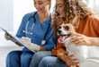 © Prostock-studio - Female owner smiling with her happy Jack Russell Terrier at the vet's office, while veterinarian writing on clipboard, capturing moment of care and trust between pet, owner, and doctor