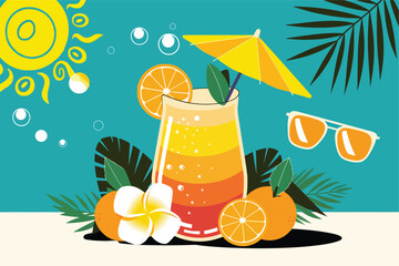 Vector design for a summer juice drink. Orange and lemon fruit flavor in a glass for a tropical summer.