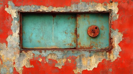 Rusted teal metal panel in red peeling paint.