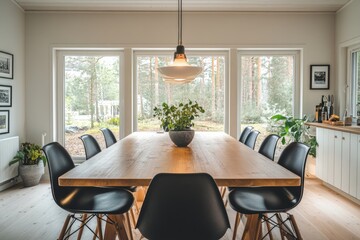 Sticker - scandinavian dining room, contemporary swedish dining room featuring an oak table and minimalist chairs lit by a geometric light fixture