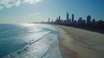 Wall Mural - Aerial view of a city skyline and beach with waves crashing on the shore.