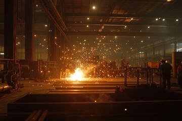 Poster - In a large industrial workshop, workers are actively welding, producing bright sparks while engaged in their tasks. Generative AI