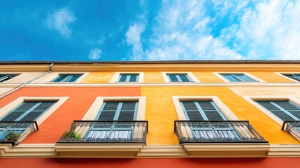 Canvas Print - A low-angle view of a colorful building with windows and balconies against a blue sky with white clouds.