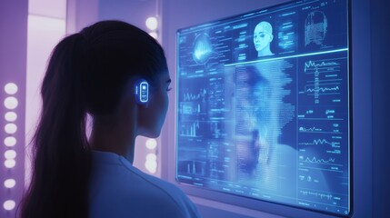 Aufkleber - A person engages with an interactive mirror that assesses hair health and offers personalized AI-based suggestions in a wellness center. Generative AI