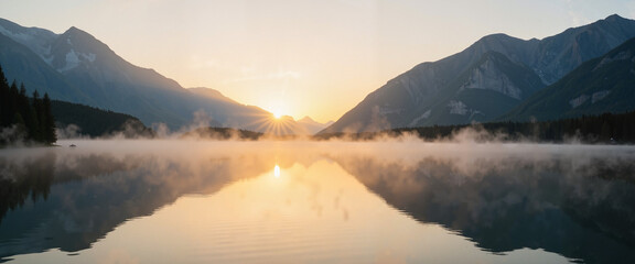 Wall Mural - Misty mountain lake at sunrise, serene nature reflection