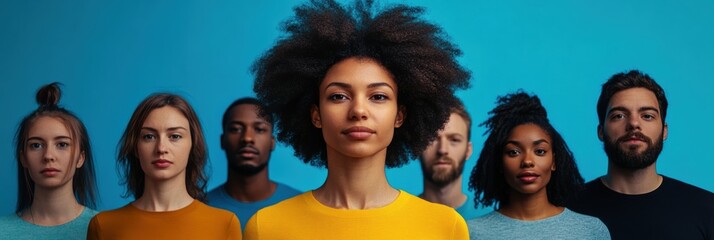 Aufkleber - A diverse group of people poses together, showcasing unity in front of an abstract representation of an AI system at a tech event. Generative AI