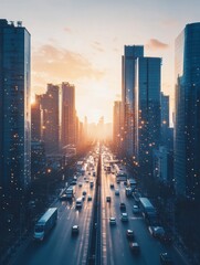 Leinwandbilder - The sunset enhances a bustling smart city where buildings are interconnected through an advanced AI network, creating a dynamic urban landscape. Generative AI