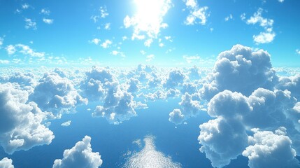 Wall Mural - stunning aerial view of fluffy white clouds above a calm ocean under a bright sunlit sky.