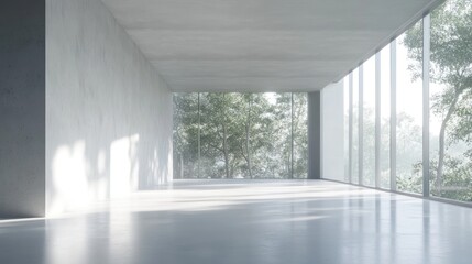 Poster - Empty, modern room with large windows and a view of trees outside.