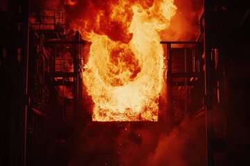 Leinwandbilder - A large industrial furnace erupts with intense flames and molten steel, showcasing the heat and energy of metal production. Generative AI
