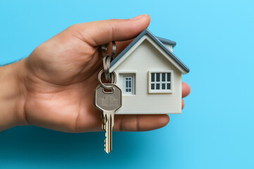 Wall Mural - A hand holding a house model and keys on a clean background, representing the real estate concept. 

