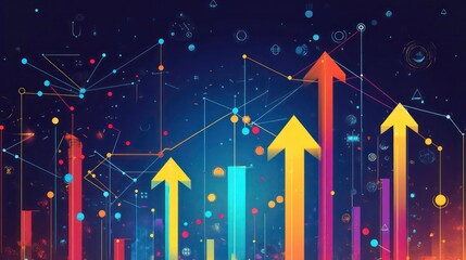 Wall Mural - abstract background of colorful arrows and lines pointing upwards on dark blue background representi