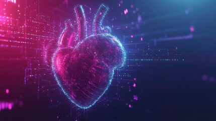 Wall Mural - a digital representation of a heart formed from glowing blue and pink particles against a dark blue 
