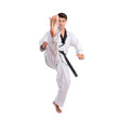 © suphaporn - Taekwondo high kick - black belt  taekwondo athlete martial arts master , handsome man show high kick pose during fighter training isolated on a transparent png background