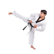 © suphaporn - Taekwondo high kick - black belt  taekwondo athlete martial arts master , handsome man show high kick pose during fighter training isolated on a transparent png background