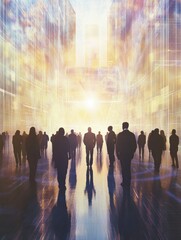 Aufkleber - People gather in a futuristic setting, facing a colorful abstract AI display that illuminates the surroundings with vibrant light. Generative AI