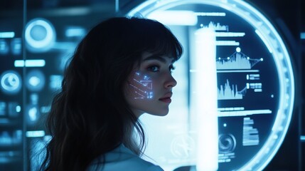 Leinwandbilder - A person interacts with a high-tech mirror that analyzes hair health and offers personalized recommendations in a modern salon. Generative AI