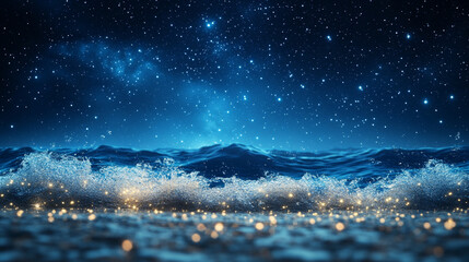 Wall Mural - mesmerizing view of ocean waves gently rolling under a starry night sky, with a dreamy blurred backg
