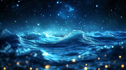Wall Mural - mesmerizing view of ocean waves gently rolling under a starry night sky, with a dreamy blurred backg