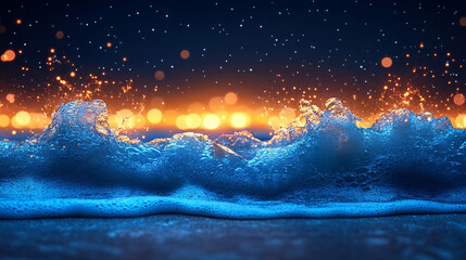 Wall Mural - mesmerizing view of ocean waves gently rolling under a starry night sky, with a dreamy blurred backg