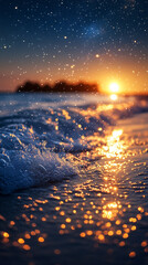 Wall Mural - mesmerizing view of ocean waves gently rolling under a starry night sky, with a dreamy blurred backg