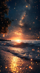 Wall Mural - mesmerizing view of ocean waves gently rolling under a starry night sky, with a dreamy blurred backg