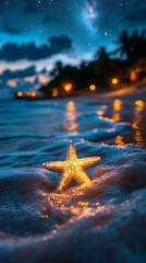 Wall Mural - mesmerizing view of ocean waves gently rolling under a starry night sky, with a dreamy blurred backg