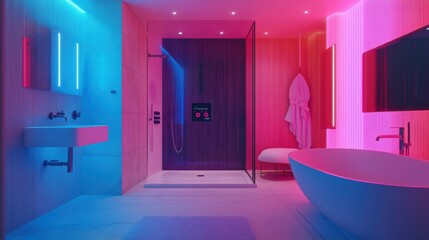 Aufkleber - This expansive bathroom showcases a smart shower system, temperature control panel, and colorful LED lights, creating a relaxing atmosphere. Generative AI