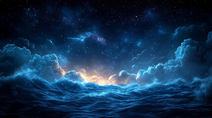 Wall Mural - mesmerizing view of ocean waves gently rolling under a starry night sky, with a dreamy blurred backg