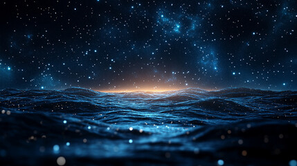 Wall Mural - mesmerizing view of ocean waves gently rolling under a starry night sky, with a dreamy blurred backg