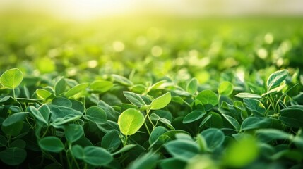 Leinwandbilder - The green meadow showcases tall grasses and healthy soybeans growing under the soft glow of the afternoon sun, vibrant and thriving. Generative AI