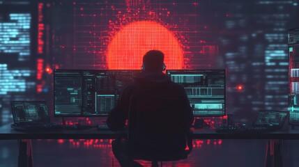 Wall Mural - cyber attack concept with futuristic digital hacking visuals.