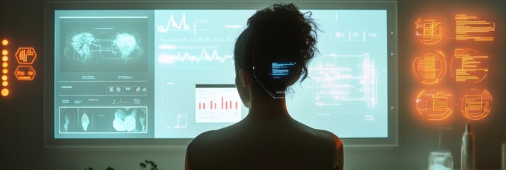 Leinwandbilder - A person engages with an interactive mirror that analyzes hair health and offers personalized AI-driven solutions in a sleek environment. Generative AI