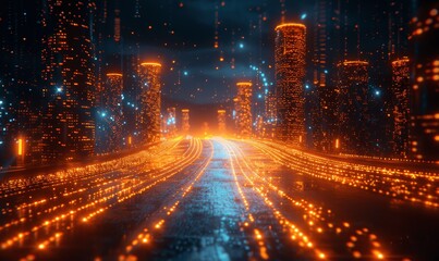 Futuristic Abstract Cityscape with High-Speed Digital Light Streaks and Bokeh Effects in Blue and Orange