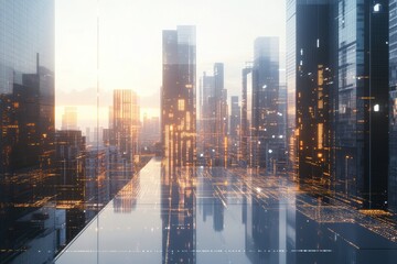 Wall Mural - The skyline features modern buildings connected through advanced AI networks as the sun sets, casting a warm glow on the architecture. Generative AI