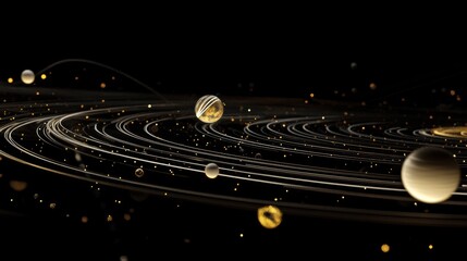 Wall Mural - Captivating Cosmic Scene Featuring Celestial Bodies, Orbiting Planets, Glimmering Stars, and a Dark Universe Setting with Swirling Galactic Lines