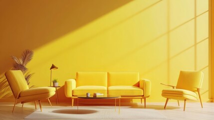 Wall Mural - A bright and sunny living room with yellow furniture and a large window.