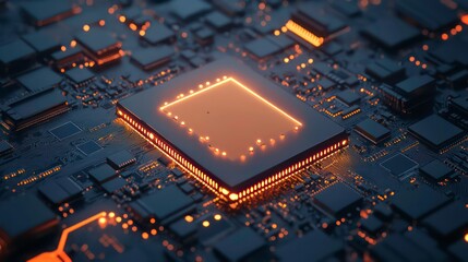 Wall Mural - a glowing cpu chip sits on a black circuit board.