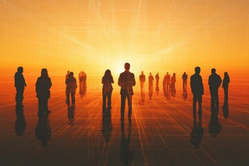 Aufkleber - A diverse group of people observes an abstract AI system at sunset, highlighting unity and technology against a striking backdrop. Generative AI