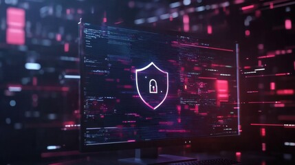 Aufkleber - A computer screen shows a shield and lock icon, symbolizing strong internet security amid a vibrant digital backdrop. Generative AI